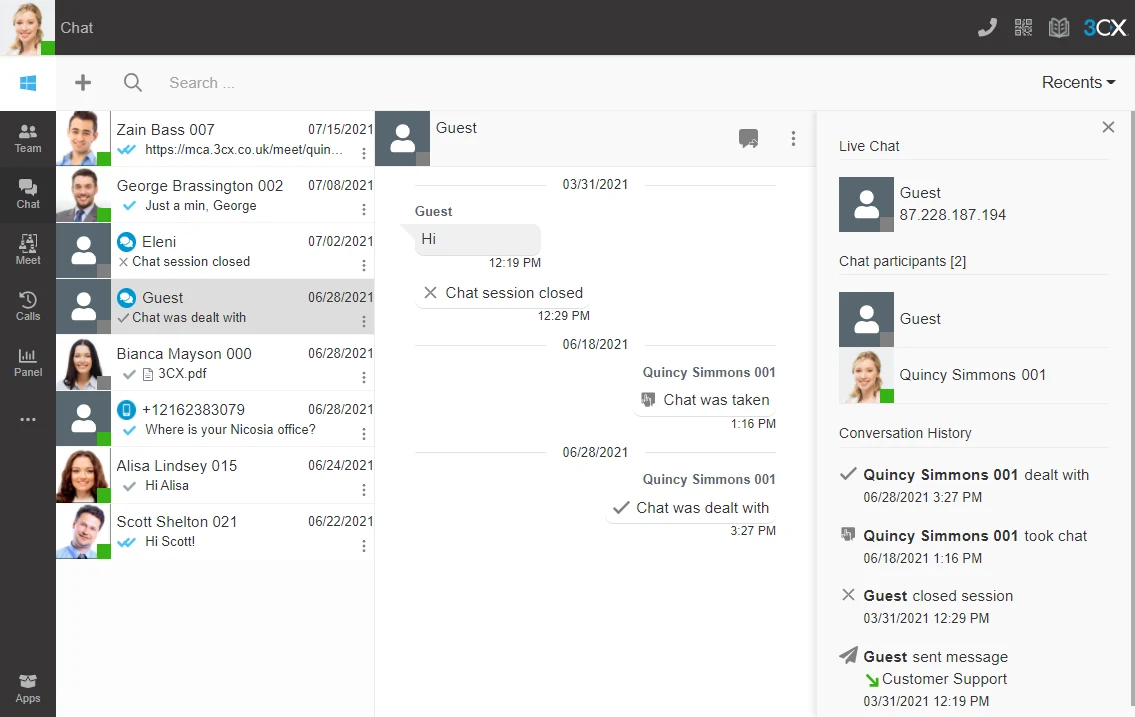 Client 3CX — gestion du chat et conversations