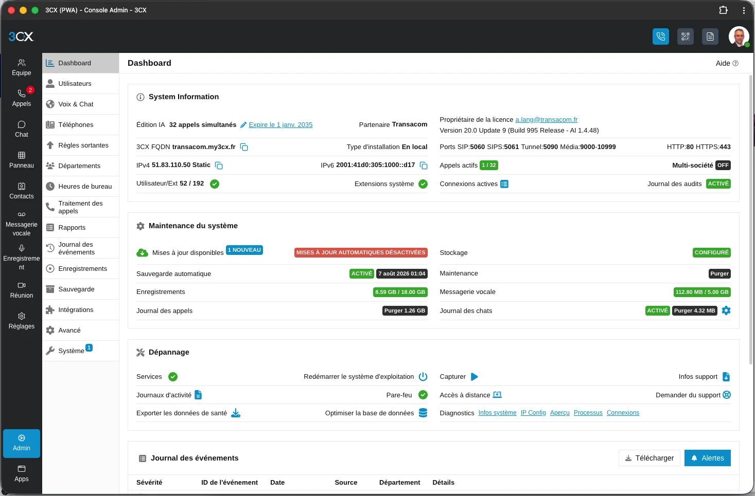 Console d’administration 3CX v20