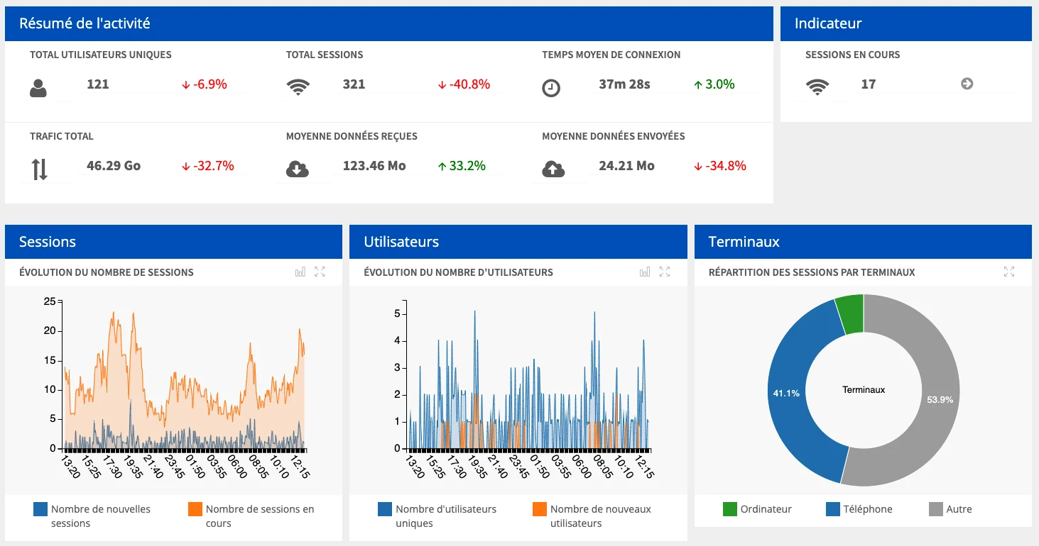 Hotspot Wifi public managé Wiserve — statistiques et portail captif