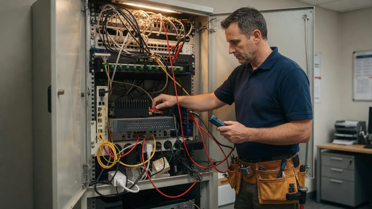 Technicien intervenant sur une baie de brassage dans le placard technique d’un client
