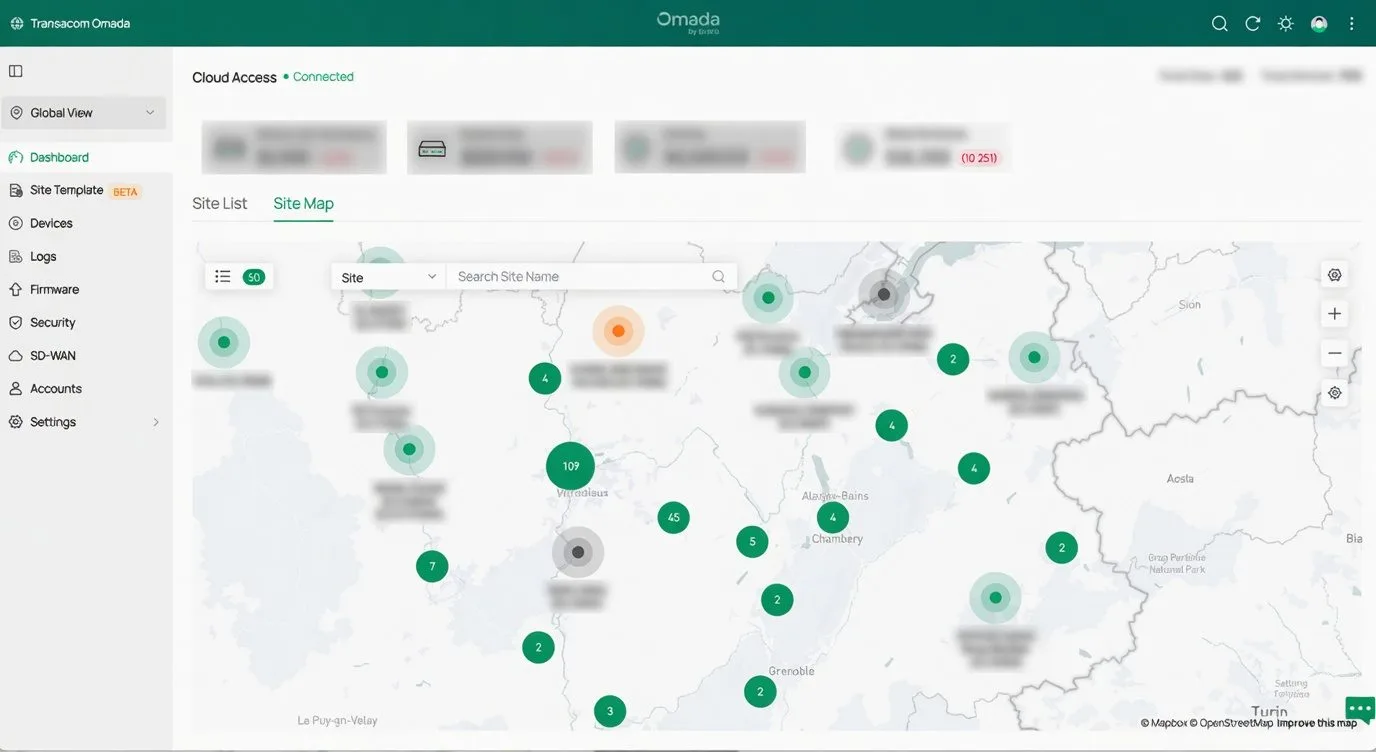 Console Omada Transacom — carte des sites multi-sites (vue anonymisée)