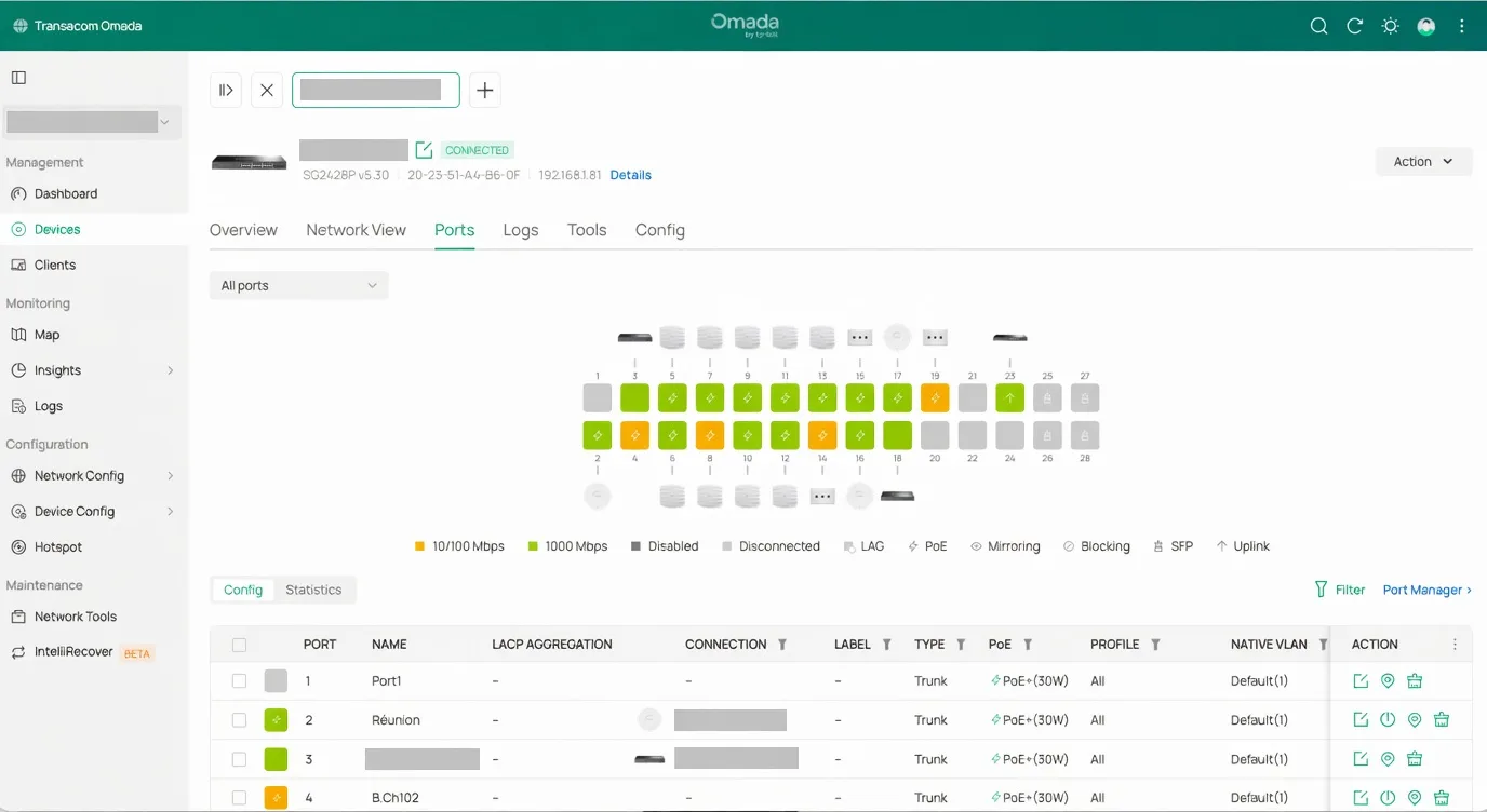 Console Omada — état des ports switch et alimentation PoE (vue anonymisée)