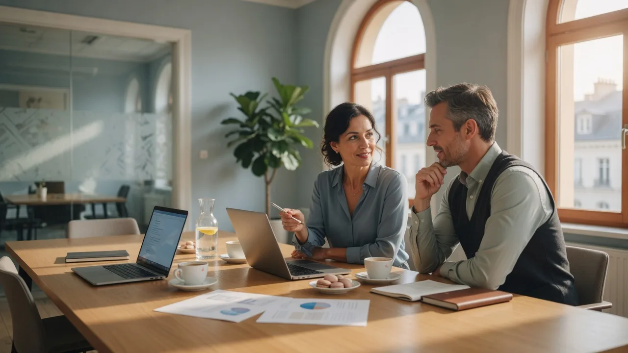 Échange professionnel autour d’un partenariat, bureau européen en lumière naturelle