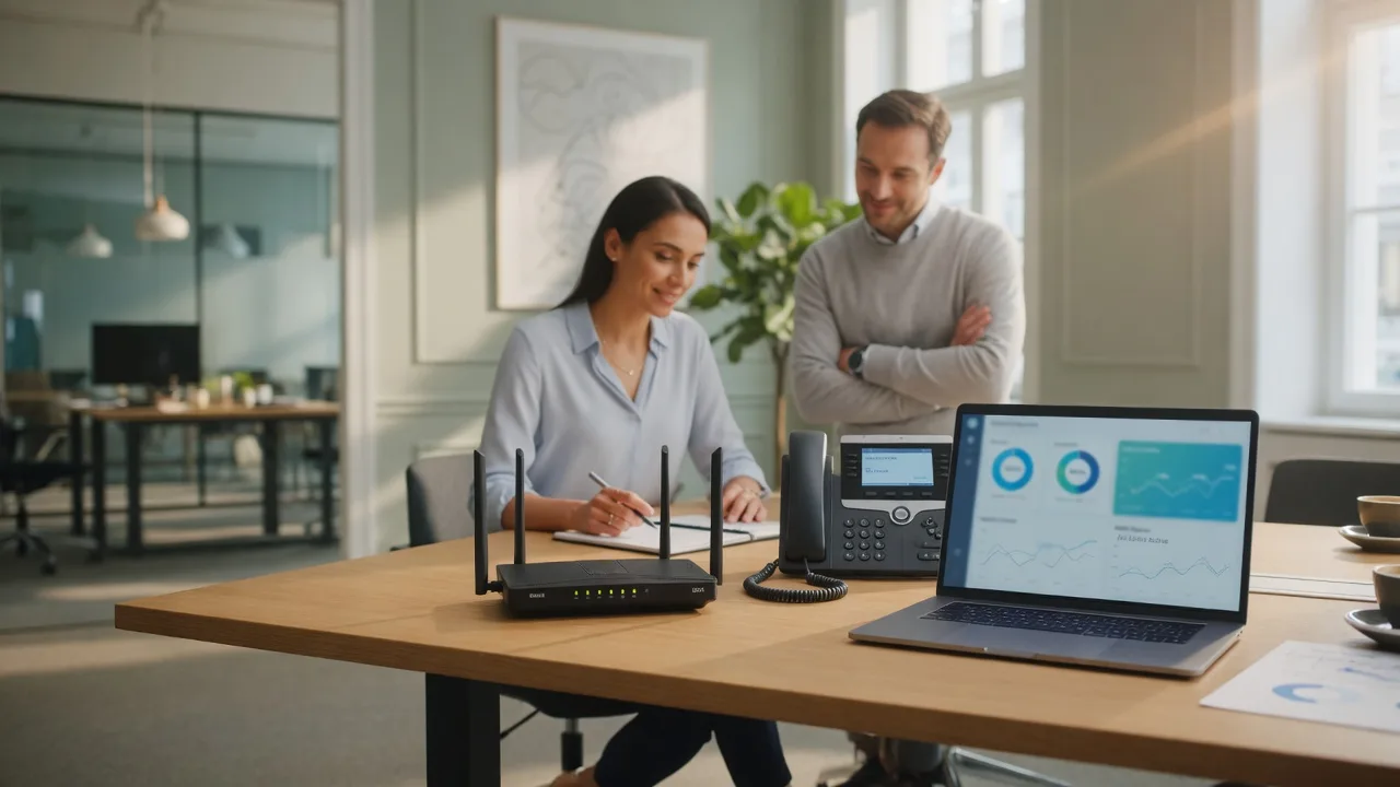 Échange professionnel autour de solutions télécoms et réseau, bureau européen en lumière naturelle