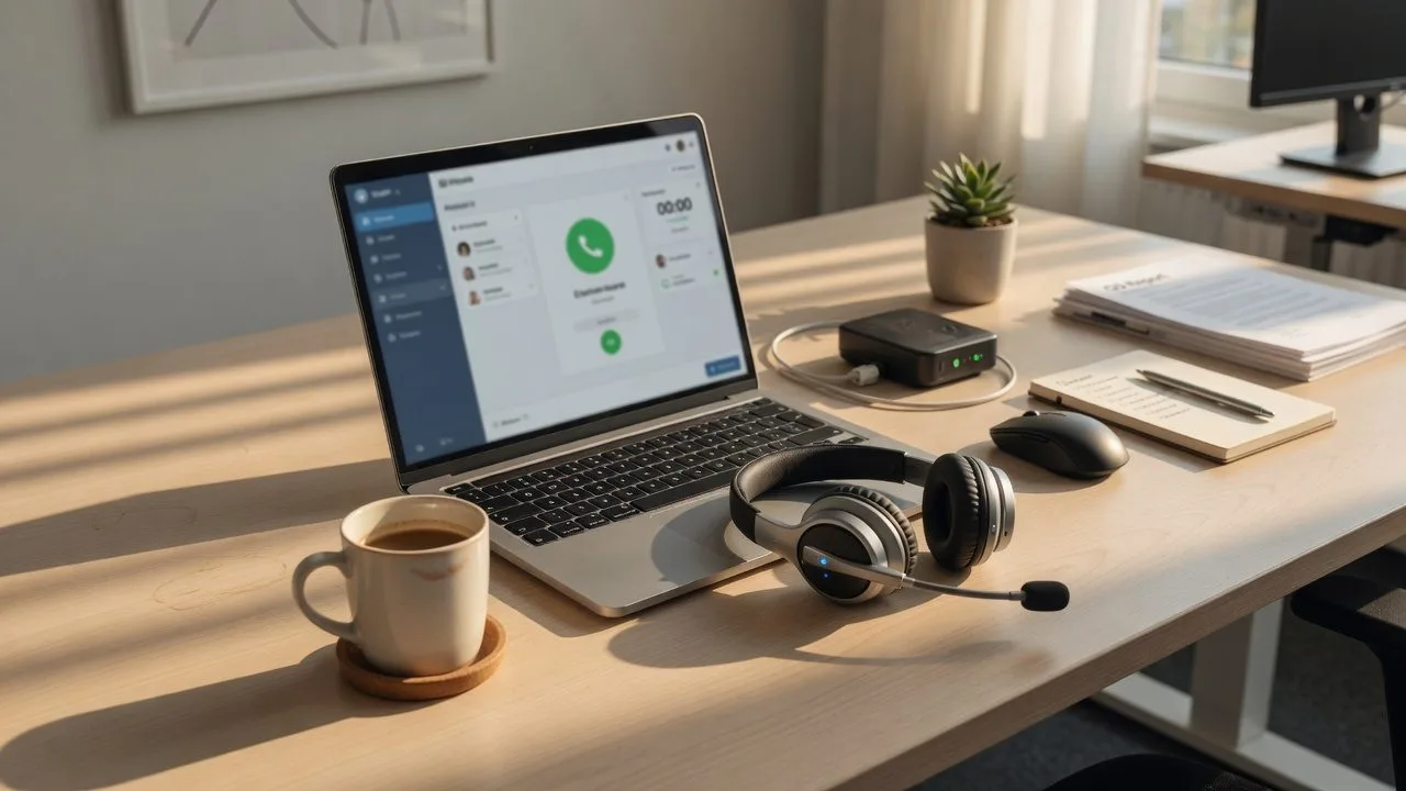 Poste de travail avec softphone et casque pour la téléphonie Centrex