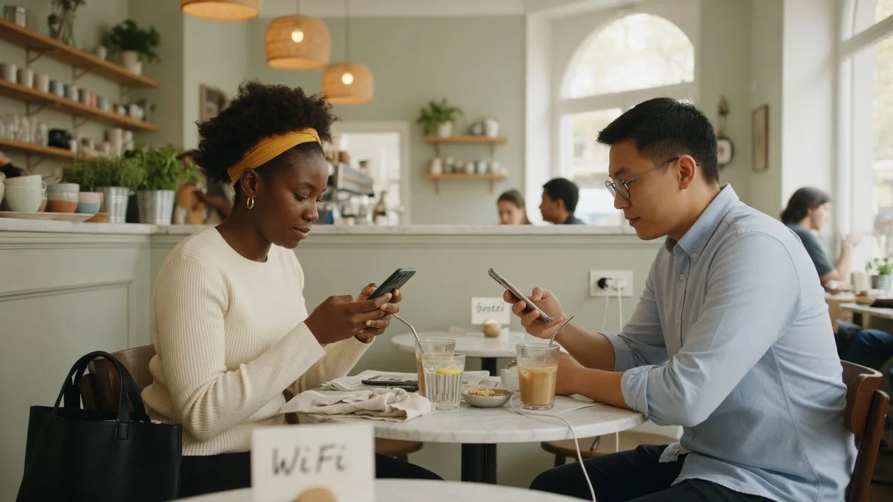 Deux personnes se connectant au Wifi public