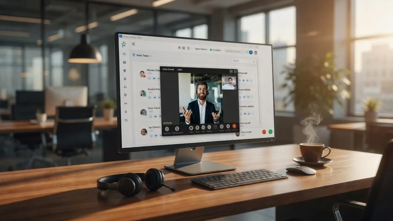 Poste de travail avec appel vidéo Linkus Yeastar à l’écran