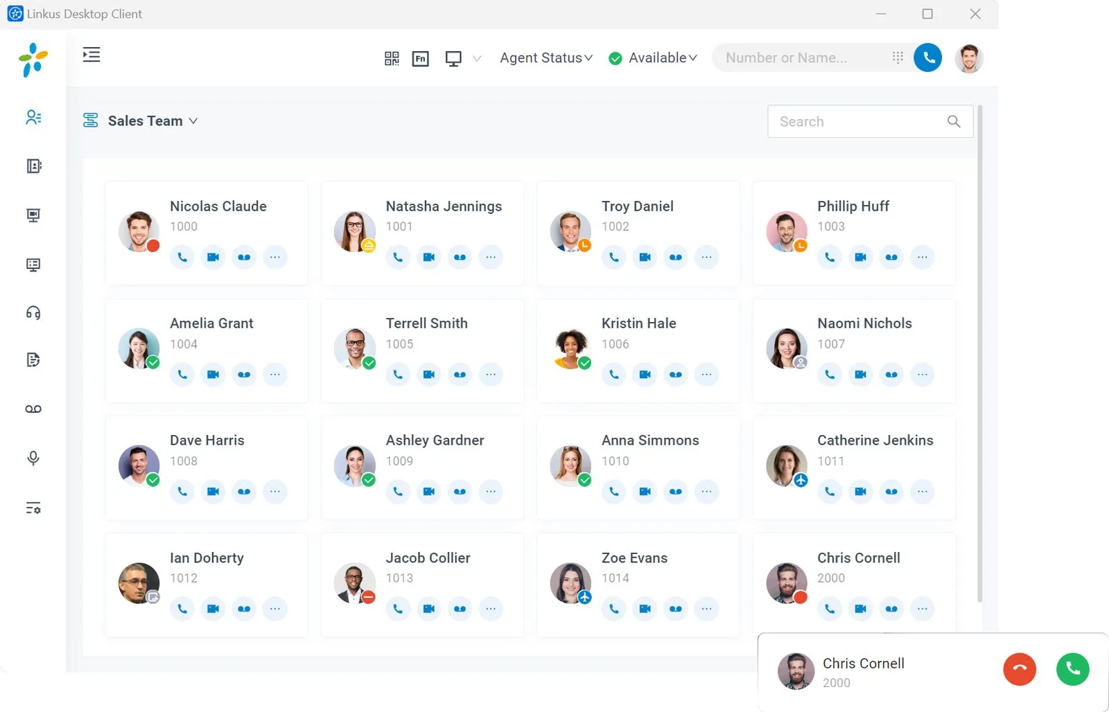 Client desktop Linkus UC Yeastar — présence d’équipe et pop-up d’appel